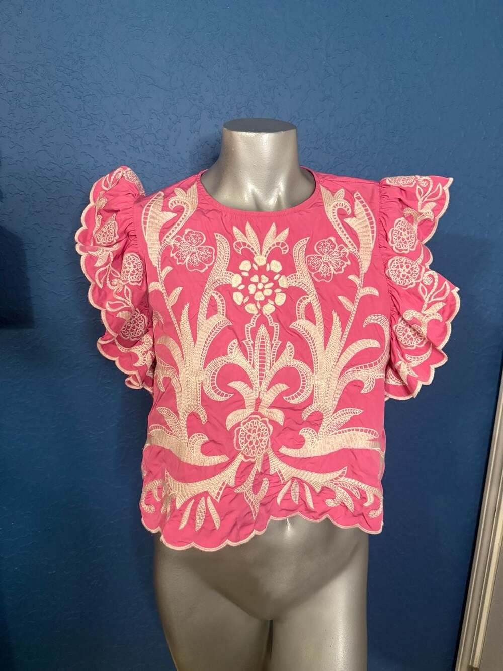THML Pink Embroidered Flutter Sleeve Blouse Top Size S Boho Statement